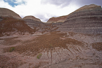 Badlands of the Painted Desert under a gathering rain storm in Petrified Forest National Park, Arizona.