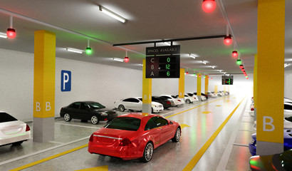 Smart Parking lot Guidance System with Overhead Indicators, Intelligent sensors assist control/monitor, Efficient management, 3D Rendering © Akarat Phasura