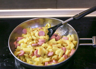 Fried potatoes with sausages