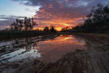 Puddle on a path in the field in which the sunset is reflected, with orange, yellow and blue colors.