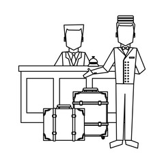 Bellboy with luggage at reception black and white