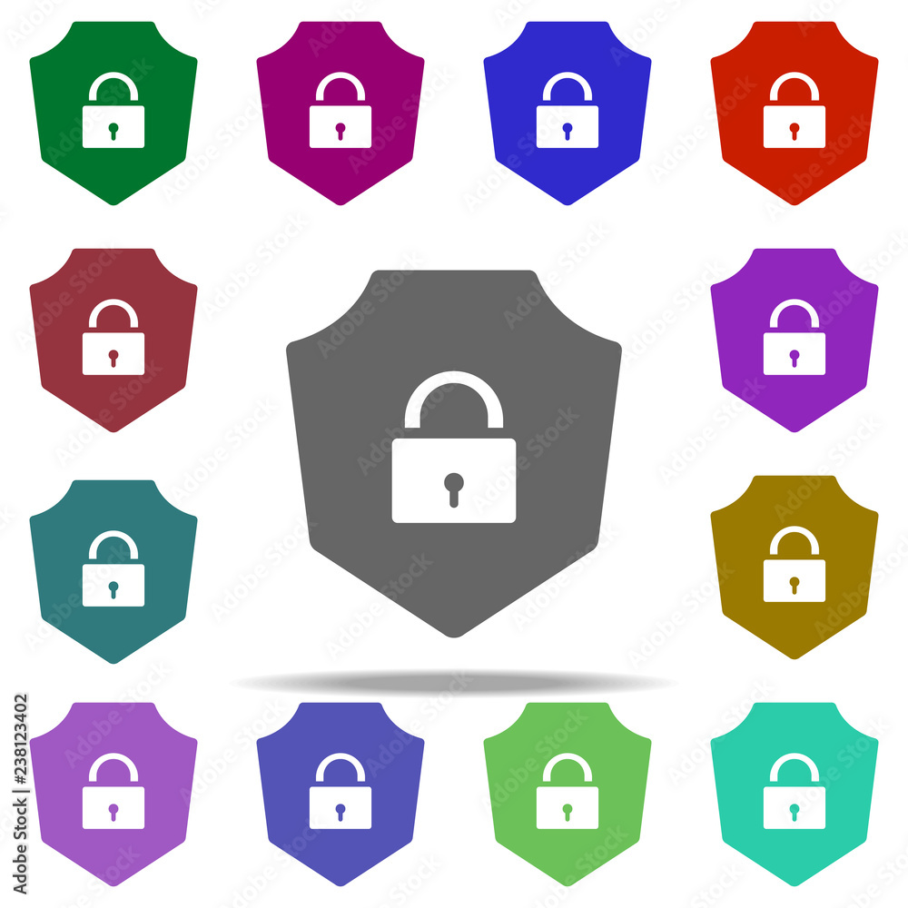 Poster shield and lock icon. elements of hacker in multi color style icons. simple icon for websites, web d