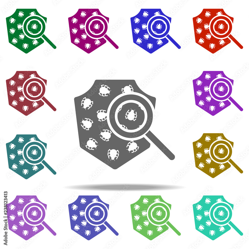 Poster search for viruses in the shield icon. elements of hacker in multi color style icons. simple icon fo