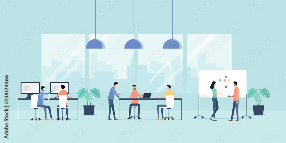 Poster flat vector illustration group business team meeting and working collaboration in office workplace c