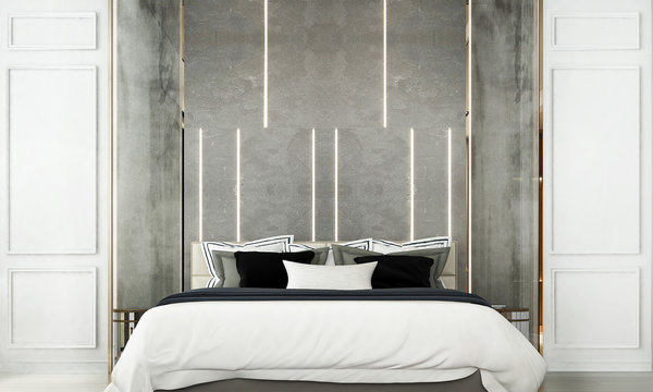 The interior design idea of luxury bedroom and white wall pattern background