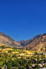 Logan Valley landscape views including Wellsville Mountains, Nibley, Hyrum, Providence and College Ward towns, home of Utah State University, in Cache County a branch of the Wasatch Range of the Rocky © Jeremy