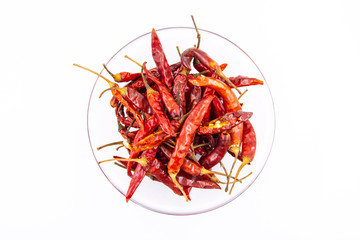 Dried chili in the bowl on white background, Chili pepper