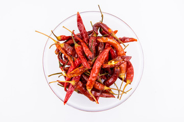 Dried chili in the bowl on white background, Chili pepper