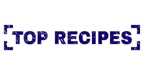 TOP RECIPES tag seal print with grunge texture. Text tag is placed inside corners. Blue vector rubber print of TOP RECIPES with retro texture.