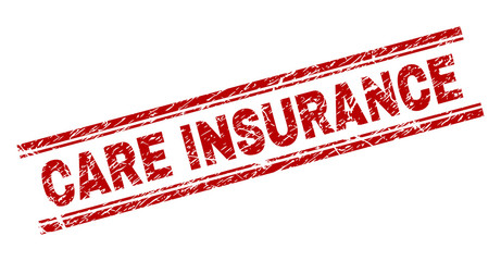 CARE INSURANCE seal watermark with distress texture. Red vector rubber print of CARE INSURANCE text with retro texture. Text title is placed between double parallel lines.