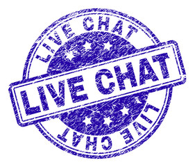 LIVE CHAT stamp seal imprint with grunge texture. Designed with rounded rectangles and circles. Blue vector rubber print of LIVE CHAT title with grunge texture.
