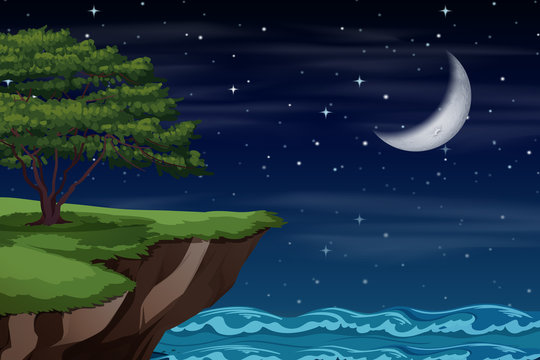 A cliff landscape at night