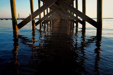 View beneath the pier at the Neuse River estuary at a park in Arapahoe North Carolina.