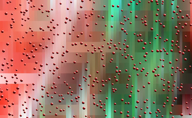 Red bubbles and spheres on colorful sparkling abstract background, spheres in air