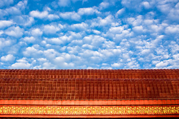 Sky background, natural wallpaper, bright blue cloud, beautifully close, the roof is a Thai house reflect sunlight, is a beautiful art