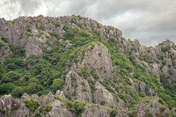 Background of mountains and nature surrounded, bright blue sky wallpaper. There are trees, green leaves, a beautiful ecology.