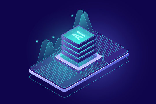 microchip on screen of mobile phone, programming microcontroller concept, artificial intelligence ai icon, smartphone application, big data processing 3d vector dark