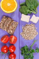Nutritious different ingredients containing vitamin B9, natural minerals and folic acid, healthy nutrition concept