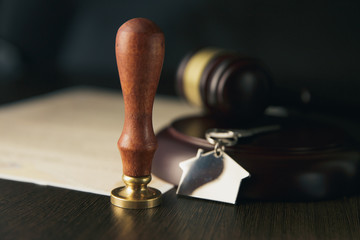 Notary's public pen and stamp on testament and last will. Notary public