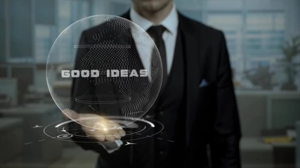 Profession tutor presenting Good Ideas concept with hologram on his hand. Executive career specialist looking for workers using cyber Earth hologram.