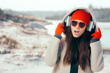 Funny Girl with Heart Shaped Sunglasses Listening to Music
