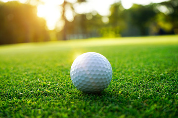 Golf ball on green in beautiful golf course at sunset background. Golf ball on green in golf course at Thailand