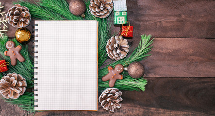 Christmas blanks, blaknoty to write with free space, fir branches, cones, gingerbread men and decorations. New Year.