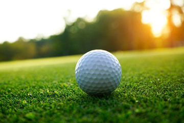 Golf ball on green in beautiful golf course at sunset background. Golf ball on green in golf course at Thailand