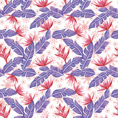 Banana leaves bird of paradise seamless red snowflake white background