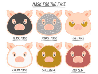Set mask face beauty animal pig girl and women. Skin spa procedure, cosmetic clean. Head full face, cartoon style.