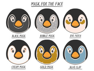 Set mask face beauty animal penguin girl and women. Skin spa procedure, cosmetic clean. Head full face, cartoon style.