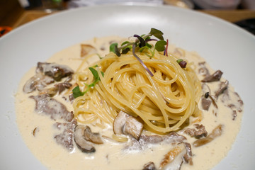 Gorgonzola cream pasta with mushrooms and vegetables