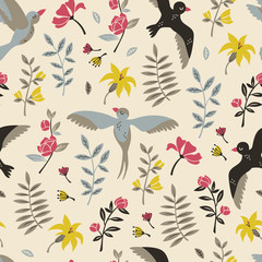 Floral Seamless Pattern with Flying Birds. Vector Hand Drawn Pattern.