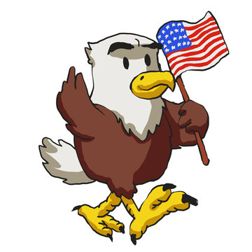 Cartoon American eagle holds American flag
