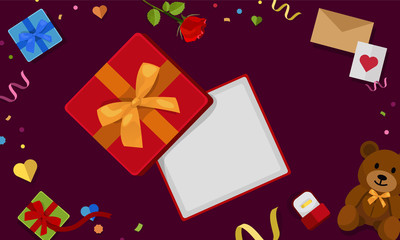 Open gift box, Valentine&rsquo;s day banner, top view. Flat vector design