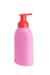 liquid soap in a red bottle isolated on white background
