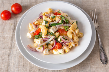 Warm pasta salad, cherry tomatoes, feta cheese and onions on a plate, top view, rustic background