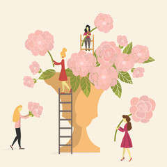 Girls making bouquets of pink roses  in vase. Women arranging flowers. Vector illustration.
