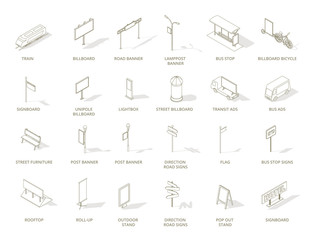 Outdoor out-of-home advertising media icons set. Isometric contour line one color.