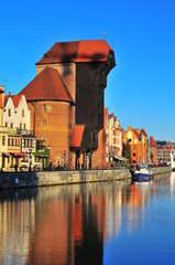 Gdansk, Poland, December 2017. Old Historical Crane (Zuraw) on Weltawa River in Gdansk. Old Gdansk architecture.