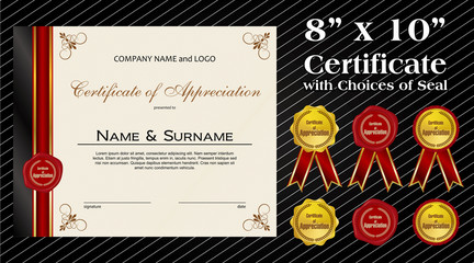 8 x 10 size Certificate of Appreciation with laurel wreath wax seal and ribbon
