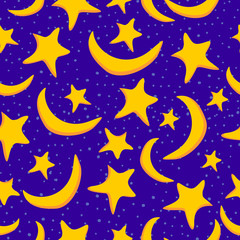 Obraz na płótnie Canvas Stars and crescent moon seamless pattern background with hand drawn style vector illustration. Can use for wallpaper, kids room, party, card, banner, magic show, texture