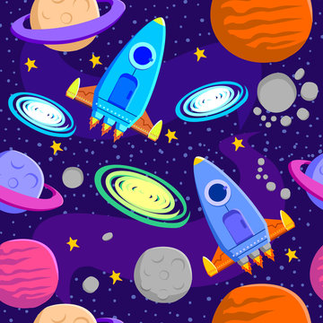 Space galaxy consist of rocket, planets, moon, asteroid, stars seamless pattern background with hand drawn style vector illustration. Can use for wallpaper, kids room, card, banner, texture