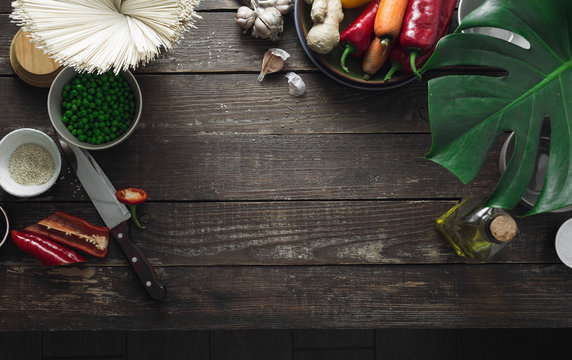 Frame Raw Ingredients Cooking Vegetarian Kitchen Thai Noodles Table Top View