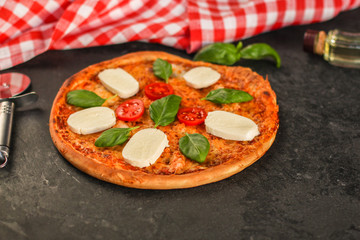 pizza, mozzarella, chicken, tomato sauce, vegetables, basil (pizza mozzarella tomato). food background. copy space