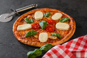 pizza, mozzarella, chicken, tomato sauce, vegetables, basil (pizza mozzarella tomato). food background. copy space