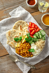 Healthy food vegetarian buddha bowl Quinoa chickpeas rice vegetable top view