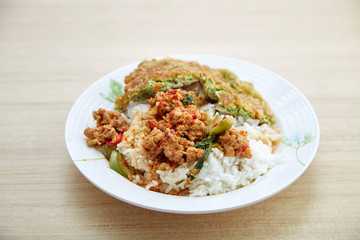 Thai food Rice Stir fried red curry  pork