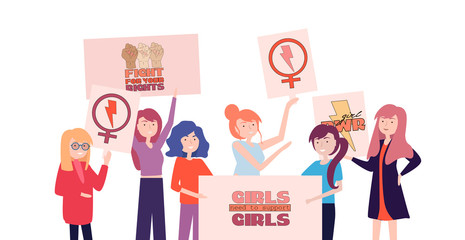 Group of young women standing together and holding blank banner, protesters or activists. People taking part in parade or rally. Editable vector illustration