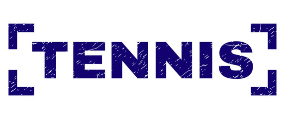 TENNIS text seal print with distress effect. Text caption is placed between corners. Blue vector rubber print of TENNIS with dirty texture.
